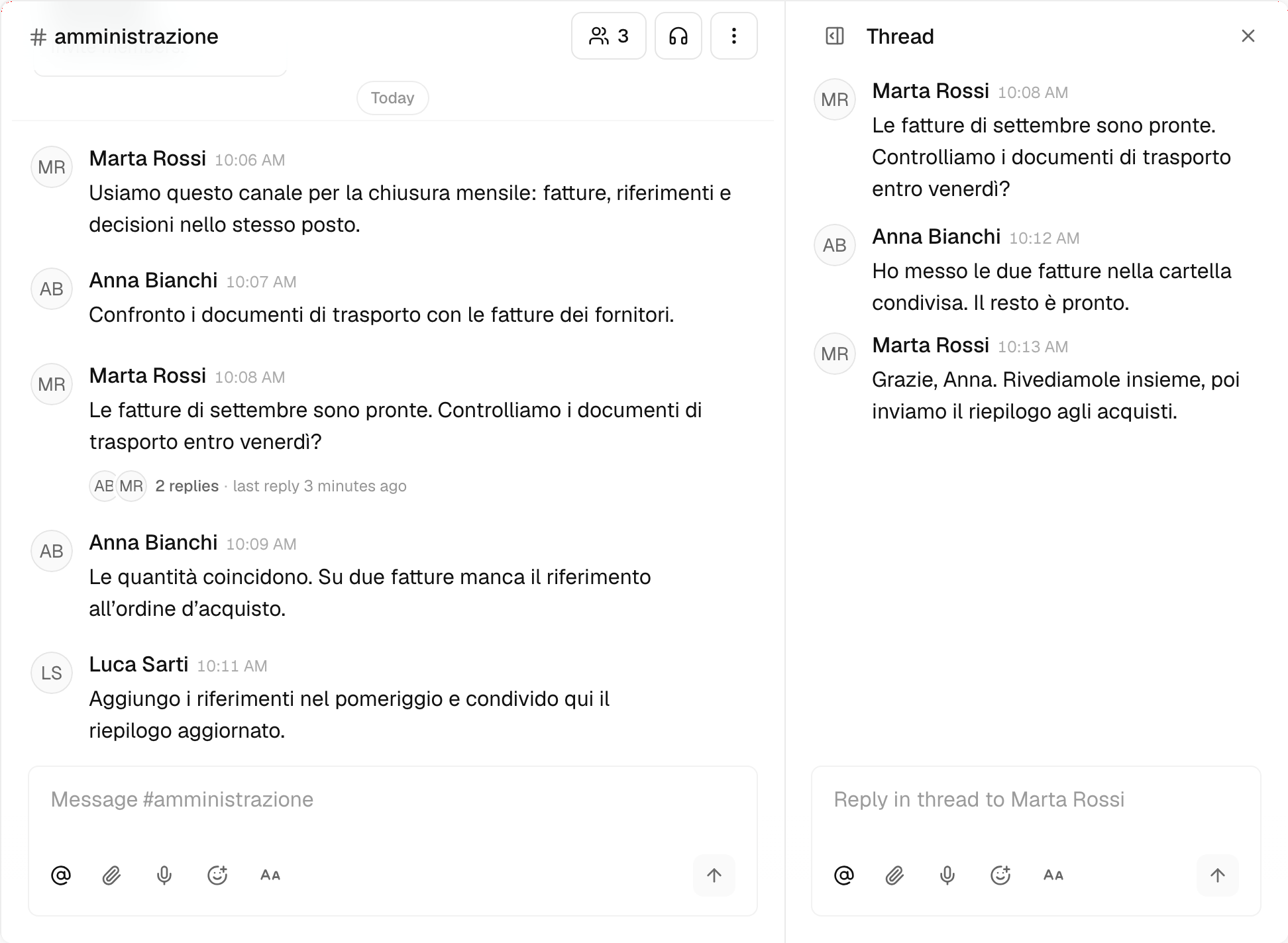 Il canale amministrazione di Alveare, con un thread sulle fatture dei fornitori