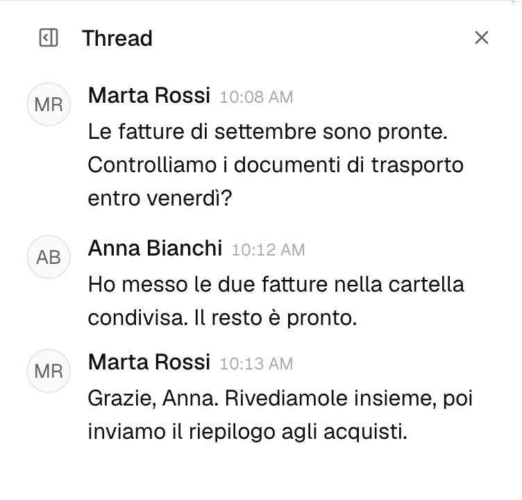 Il canale amministrazione di Alveare, con un thread sulle fatture dei fornitori