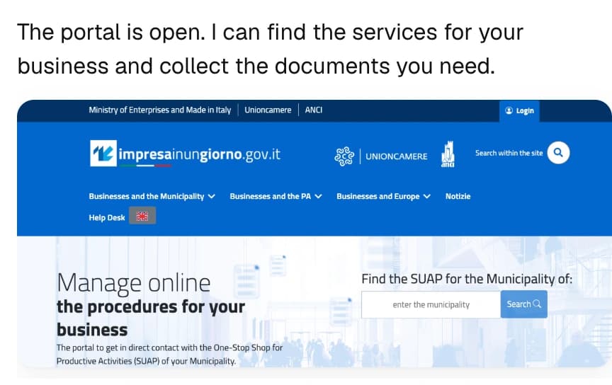 Nadia opens the official Italian business portal in a browser and returns its screenshot
