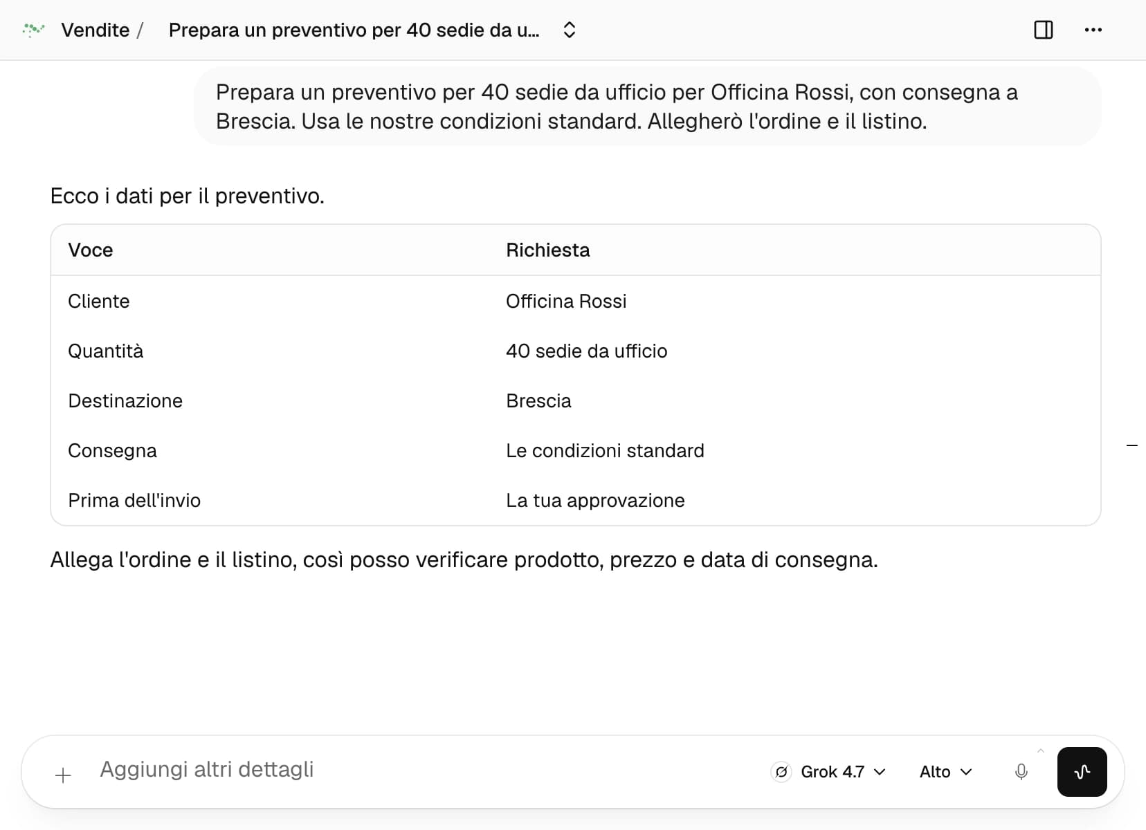 L’agente Vendite di Nadia esamina una richiesta di preventivo