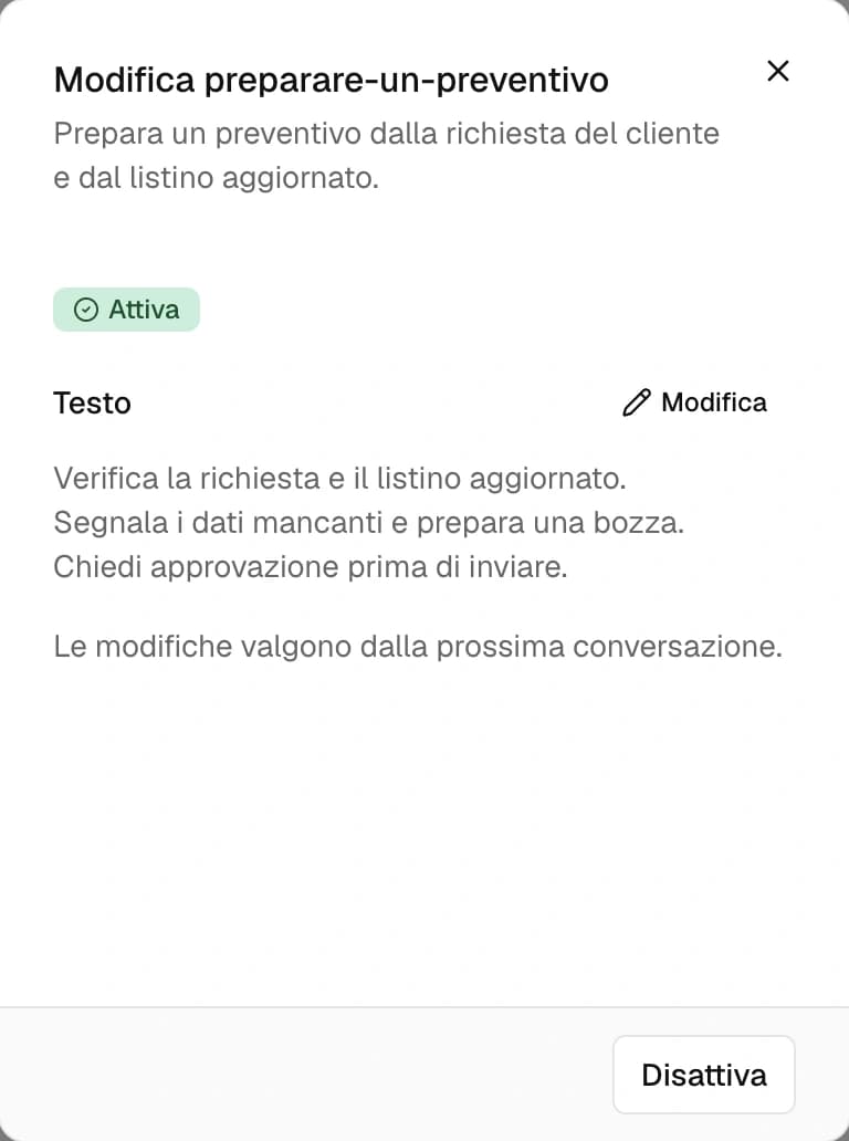L’editor delle competenze di Nadia con una procedura per i preventivi