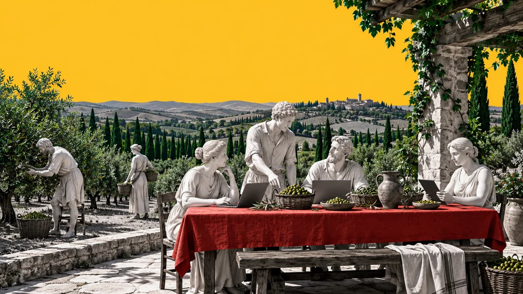 Una squadra di persone di marmo lavora intorno a un tavolo rosso fra gli ulivi toscani, sotto un cielo giallo.
