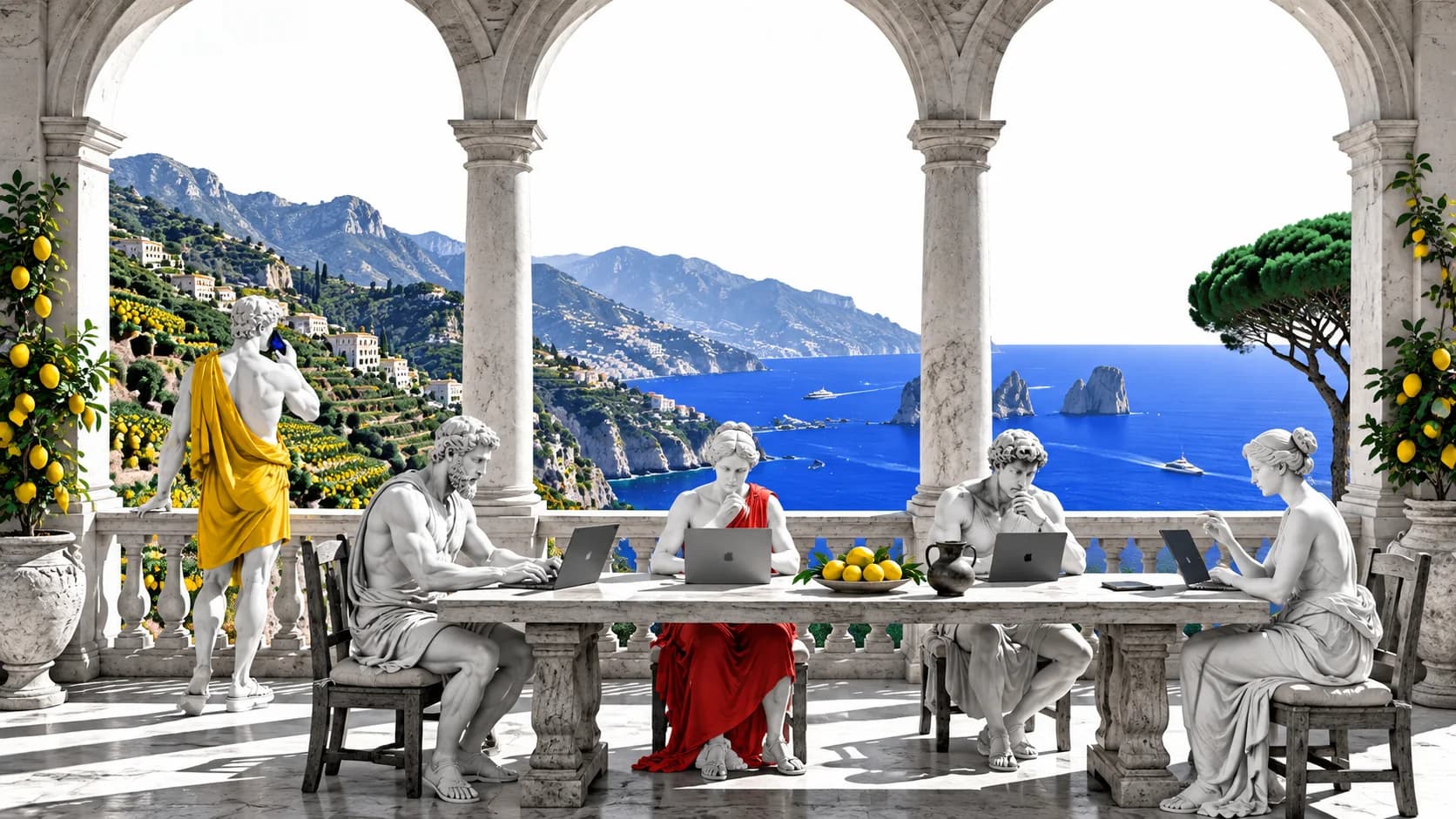 Persone di marmo lavorano insieme al computer in una loggia italiana affacciata sul mare.