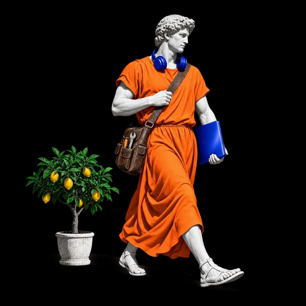 Un uomo in marmo con la tunica arancione cammina deciso con una borsa da lavoro a tracolla, un portatile blu sotto il braccio e le cuffie al collo.